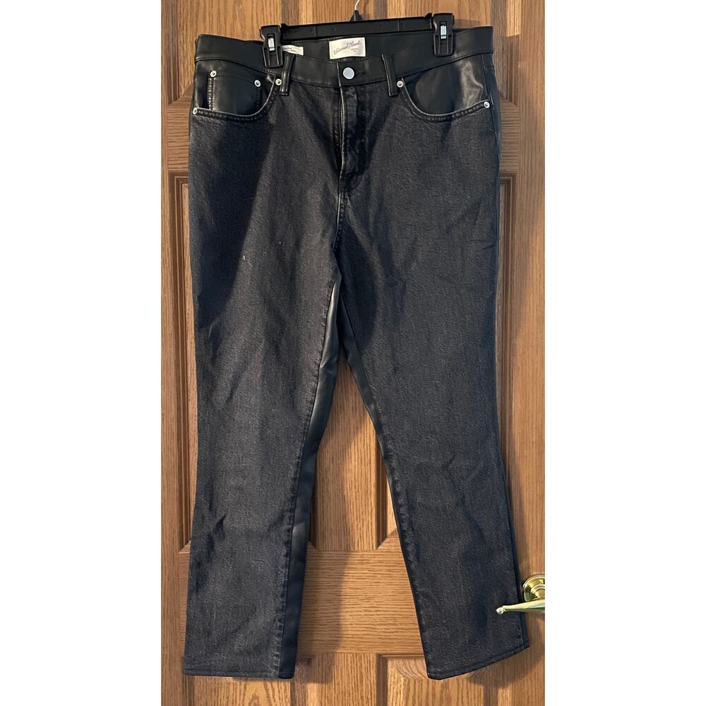Universal Thread Mid Rise Slim Black Denim Faux Leather Jean Size 14 Waist 18.5”